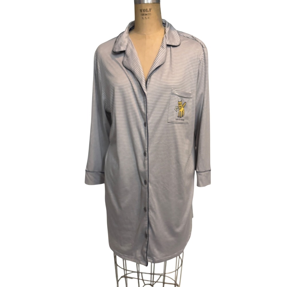 Life is Good Womens Striped Button Front‎ Nightshirt Grey White Dog XL WT6559
